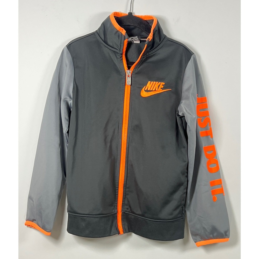 Nike Kids Gray Neon Orange Full Zip Track Suit Jacket Boys Size 6 Sporty Classic
